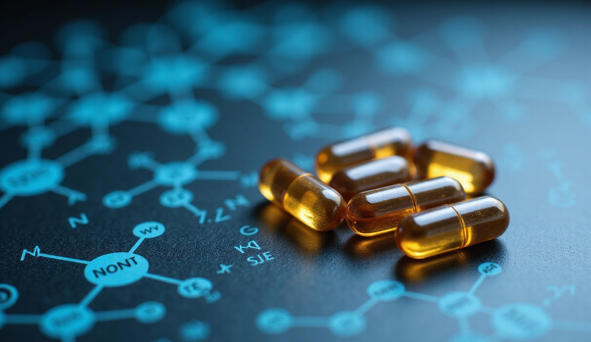 Close-up of Rejuqvvionex capsules with scientific notations in the background, symbolizing advanced research and development.